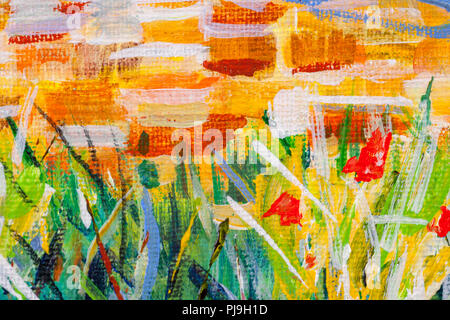 Details zu Acryl Gemälde zeigen, Farbe, Texturen und Techniken. Expressionistische geflieste Terrasse und sommerblume Grenze. Stockfoto