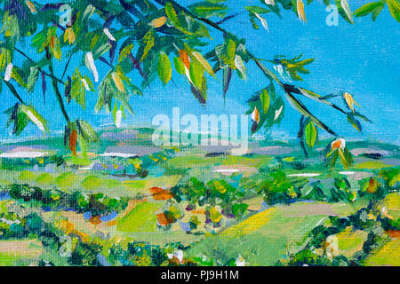 Details zu Acryl Gemälde zeigen, Farbe, Texturen und Techniken. Expressionistische Baum und Feld hilltop anzeigen. Stockfoto