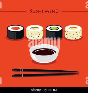 Bunte Sushi Set von verschiedenen Arten Stäbchen mit Sojasauce auf orange Hintergrund Vektor-illustration EPS 10. Stock Vektor