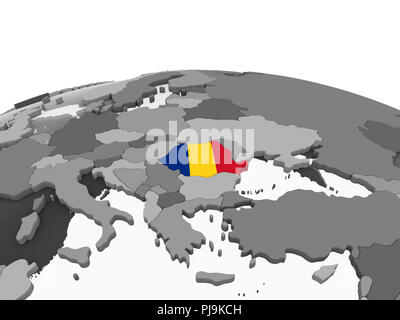 Rumänien auf Grau politische Globus mit embedded Flagge. 3D-Darstellung. Stockfoto