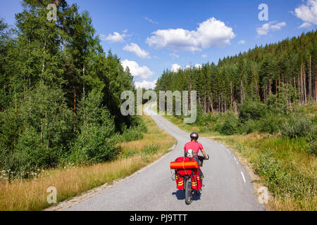 Reisen Radfahrer reitet ein Radweg entlang der malerischen Waldweg im südlichen Norwegen Stockfoto