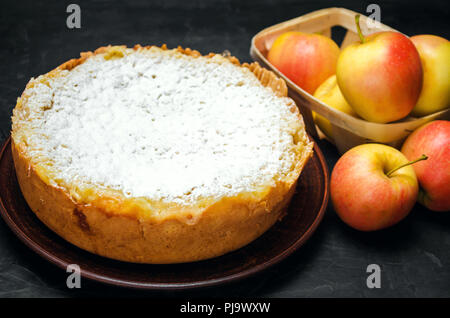 Traditionelle Apfelkuchen mit Vanillepudding. Polnische Charlotte. Ein Favorit britischen Dessert hausgemachtes Gebäck zum Tee. Herbst Dessert. shortbread Teig Stockfoto