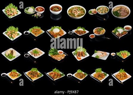 Auswahl an Gerichten der vietnamesischen Küche auf schwarzem Hintergrund Stockfoto