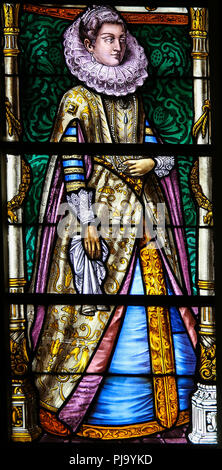 Glasfenster Isabella Clara Eugenia, Herrscher der spanischen Niederlande In den Niederlanden, in der Basilika des Heiligen Blutes in Stockfoto