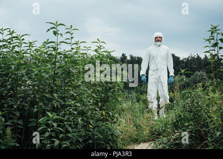 Männliche Wissenschaftler in Schutzanzug und Latex Handschuhe stehend in der Wiese Stockfoto