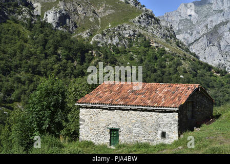 Eine renovierte Hütte im halb verlassenen Weiler Cain de Arriba, über Kain in den Picos de Europa, Nordspanien Stockfoto