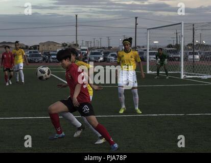 FORT BLISS, Texas - Brasilien nimmt auf Südkorea in der Gold Medaille Spiel des Conseil International du Sport Militaire (CISM) Weltweit militärische Frauen Fußball-Meisterschaft 2018, 3. Juli 2018. Elite militärischen Fussball Spieler aus der ganzen Welt während des Turniers im Quadrat zu bestimmen, wer waren die besten Frauen Fußball-Spieler unter den internationalen Militärs teilnehmen. Stockfoto