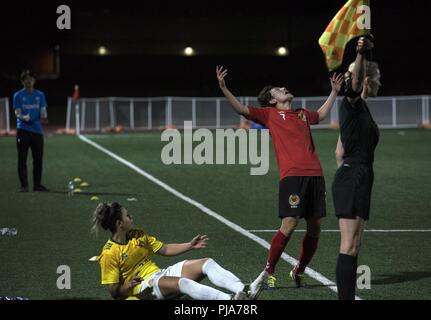 FORT BLISS, Texas - Brasilien nimmt auf Südkorea in der Gold Medaille Spiel des Conseil International du Sport Militaire (CISM) Weltweit militärische Frauen Fußball-Meisterschaft 2018, 3. Juli 2018. Elite militärischen Fussball Spieler aus der ganzen Welt während des Turniers im Quadrat zu bestimmen, wer waren die besten Frauen Fußball-Spieler unter den internationalen Militärs teilnehmen. Stockfoto