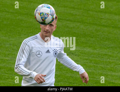 05. September 2018, Deutschland, München: Marco Reus aus Deutschland nimmt Teil an der abschließenden Training der Deutschen Fußball-Nationalmannschaft. Der Deutsche Fußball-Bund wird die Nationalmannschaft von Frankreich am 6. September 2018 treffen. Foto: Peter Kneffel/dpa Stockfoto