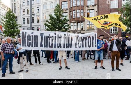 05. September 2018, Deutschland, Hamburg: Teilnehmer des 'MErkel muss weg!" (Merkel muss gehen!) Rallye bis ein Banner lesen' kein Eintrag für Terrorismus" am Gänsemarkt. Foto: Markus Scholz/dpa Stockfoto