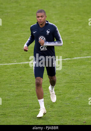05. September 2018, Deutschland, München: Kylian Mbappe aus Frankreich nimmt Teil an der abschließenden Training. Die Deutsche Nationalmannschaft wird gegen die Nationalmannschaft von Frankreich am 6. September 2018 spielen. Foto: Sven Hoppe/dpa Stockfoto