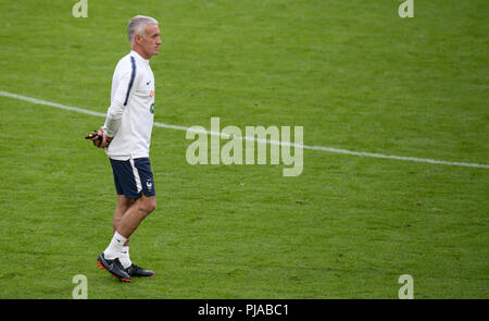 05. September 2018, Deutschland, München: Trainer Didier Deschamps aus Frankreich teil nimmt im letzten Training. Die Deutsche Nationalmannschaft wird gegen die Nationalmannschaft von Frankreich am 6. September 2018 spielen. Foto: Sven Hoppe/dpa Stockfoto