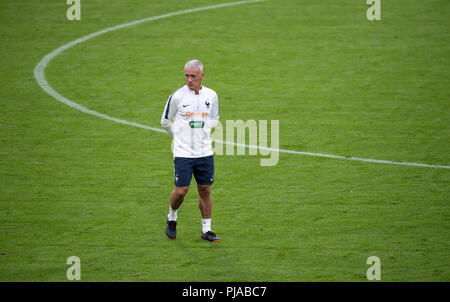 05. September 2018, Deutschland, München: Trainer Didier Deschamps aus Frankreich teil nimmt im letzten Training. Die Deutsche Nationalmannschaft wird gegen die Nationalmannschaft von Frankreich am 6. September 2018 spielen. Foto: Sven Hoppe/dpa Stockfoto