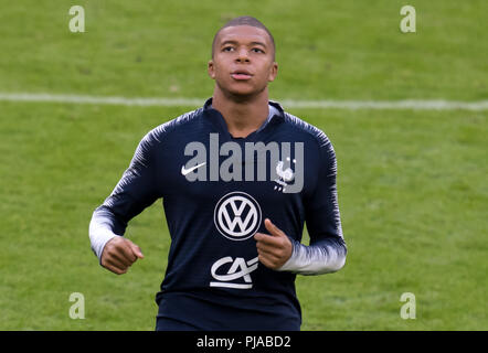 05. September 2018, Deutschland, München: Kylian Mbappe aus Frankreich nimmt Teil an der abschließenden Training. Die Deutsche Nationalmannschaft wird gegen die Nationalmannschaft von Frankreich am 6. September 2018 spielen. Foto: Sven Hoppe/dpa Stockfoto