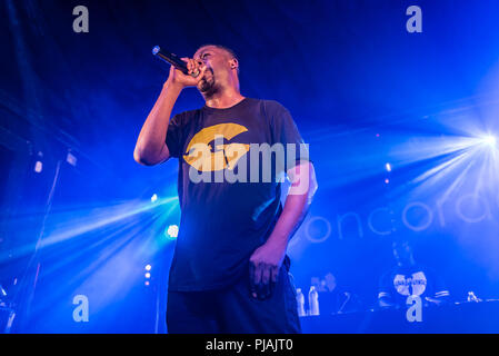 Brighton, UK. 5. September 2018. GZA, das Genie, Wu-Tang Clan im Concorde 2, Brighton, UK. Gary Grice (geboren am 22. August, 1966), besser bekannt unter seinem Künstlernamen GZA und das Genie, ein US-amerikanischer Rapper und Songwriter bekannt. Gründungsmitglied der Hip Hop Gruppe der Wu-Tang Clan. Foto: Andy Sturmey/Alamy Credit: Andrew Sturmey/Alamy leben Nachrichten Stockfoto