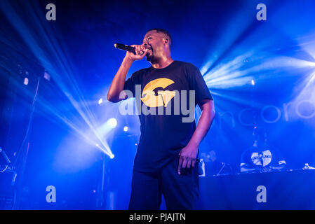 Brighton, UK. 5. September 2018. GZA, das Genie, Wu-Tang Clan im Concorde 2, Brighton, UK. Gary Grice (geboren am 22. August, 1966), besser bekannt unter seinem Künstlernamen GZA und das Genie, ein US-amerikanischer Rapper und Songwriter bekannt. Gründungsmitglied der Hip Hop Gruppe der Wu-Tang Clan. Foto: Andy Sturmey/Alamy Credit: Andrew Sturmey/Alamy leben Nachrichten Stockfoto