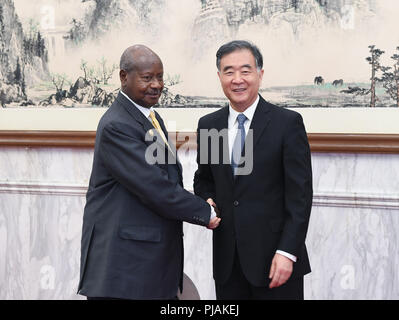 Peking, China. 6. Sep 2018. Wang Yang (R), Vorsitzender des Nationalen Ausschusses der Chinese People's Political Consultative Conference, trifft sich mit der ugandische Präsident Yoweri Museveni in Peking, der Hauptstadt von China, Sept. 6, 2018. Credit: Shen Hong/Xinhua/Alamy leben Nachrichten Stockfoto