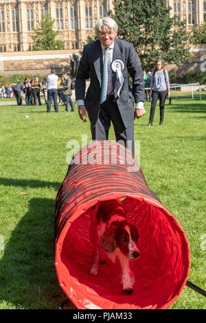 London, Großbritannien. 6. September 2018 Westminster Dog des Jahres Ereignis in Victoria Tower Gardens, London, UK. Andrew Mitchell MP mit seinem Hund Scarlet Credit Ian Davidson/Alamy leben Nachrichten Stockfoto