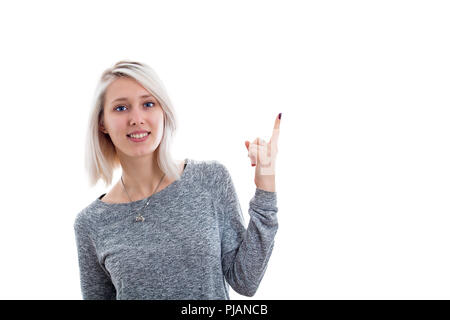 Portrait von Casual junge Frau finger, Rot auf weißem Hintergrund. Stockfoto