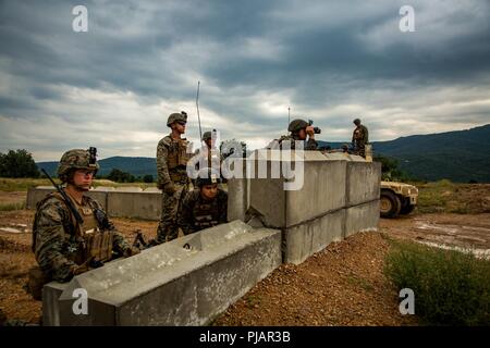 Us-Marines mit Schwarzen Meer Drehkraft 18,1 Beobachten ein Ziel mit FGM-148 Javelin anti-tank Missile Launcher während einer Bereitstellung für Training bei Novo Selo, Bulgarien tätig sein wollen, 5. Juli 2018. Marines mit Waffen Firma, 1.BATAILLON, 6 Marine Regiment führte fünf Tage von Live-Fire reicht, ihren operativen Fähigkeiten verbessern. Stockfoto