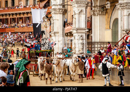 Der Palio Seide Banner ist rund um den Platz während der Corteo Storico (Historische Prozession) Auf der Piazza Del Campo, Palio, Siena, Italien vorgeführt Stockfoto