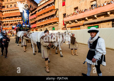 Der Palio Seide Banner ist rund um den Platz während der Corteo Storico (Historische Prozession) Auf der Piazza Del Campo, Palio, Siena, Italien vorgeführt Stockfoto