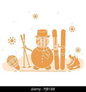 Winter im Freien genießen können. Schneemann mit Ski- und Hockey Ausrüstung. Vektor cartoon Skifahrer Symbol. Design für Werbung von aktiven Lebensstil. Stock Vektor
