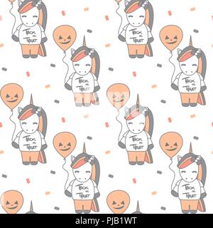 Cute cartoon Halloween nahtlose Vektor Muster Hintergrund Abbildung mit Einhörner und Kürbis Luftballons Stock Vektor