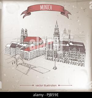 Vintage Travel Abbildung mit München, Deutschland, Altstadt Skizze. Stock Vektor