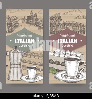 Zwei italienische Küche Etiketten mit Venedig und Rom Landschaft, Farbe Tiramisu Dessert, Kaffee Tasse und Topf auf Pappe. Stock Vektor