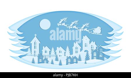 Für das neue Jahr. Weihnachten. Stilisierte Rahmen. Ein Bild von Santa Claus und Hirsche. Schnee, Mond, Bäume, Häuser, Kirche, Weihnachtsbäume. Landschaften sind von Schnitt Stock Vektor