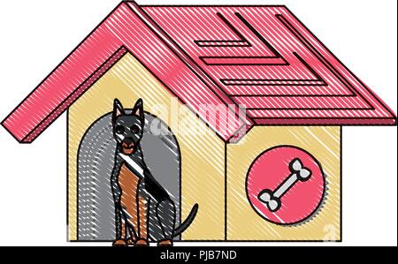 Hund Haus mit niedlichen Dobermann Symbol auf weißem Hintergrund, Vector Illustration Stock Vektor