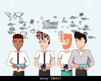 Gruppe Männer mit mobilen Geräte social media apps Vector Illustration Stock Vektor