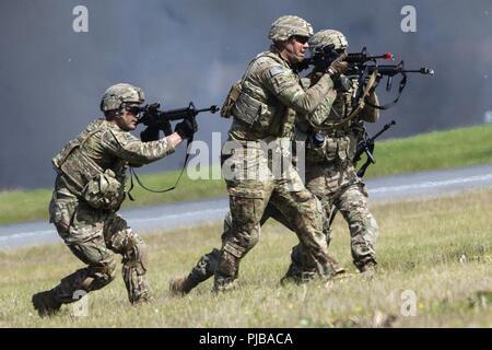 Fallschirmjäger auf der 6. Brigade Engineer Battalion (Airborne), 4 Infantry Brigade Combat Team (Airborne), 25 Infanterie Division, U.S. Army Alaska, auf dem Weg zu ihrem Ziel im Rahmen der Gemeinsamen Kräfte Demonstration während der Arctic Thunder Open House, Juli 1, 2018 gebunden. Diese alle zwei Jahre stattfindende Veranstaltung durch die gemeinsame Basis Elmendorf-Richardson, Alaska, ist einer der größten im Land und einer der führenden Antenne Demonstrationen in der ganzen Welt. Die Veranstaltung bietet mehrere Interpreten und Boden wirkt die JBER Joint Forces, US Air Force F-22 und US Air Force Thunderbirds demonstrati Stockfoto