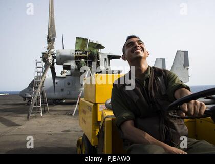 5. Flotte EINSATZGEBIET (Juli 02, 2018) US Marine Lance Cpl. Juan Rocha, bis 26 Marine Expeditionary Unit, reinigt das Flight Deck an Bord der Wasp-Klasse amphibisches Schiff USS Iwo Jima (LHD7), 02. Juli 2018. Iwo Jima ist in die USA 5 Flotte Bereich der Maßnahmen zur Unterstützung der Marine im Einsatz für die Stabilität und Sicherheit in der Region zu gewährleisten und verbindet das Mittelmeer und den Pazifischen Raum durch den westlichen Indischen Ozean und drei strategischen Punkten ersticken. Stockfoto