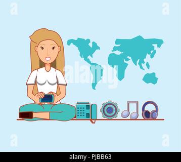 Blonde Frau mit Handy social media Funktionen Vector Illustration Stock Vektor