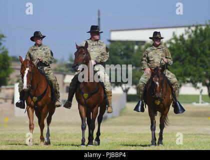 FORT HOOD, Texas - Eingehende Commander für 3. gepanzerte Brigade Combat Team, 1.Kavallerie Division, Oberst Kevin Capra (links), zusammen mit dem scheidenden Kommandeur, Oberst John Woodward (Mitte) und 1.Kavallerie Division kommandierender General, General Paul Calvert überprüfen Sie die Truppen während einer Änderung des Befehls Zeremonie am 3. Juli. Woodward hat folgenden 27 Monate im Befehl die Zügel. Stockfoto