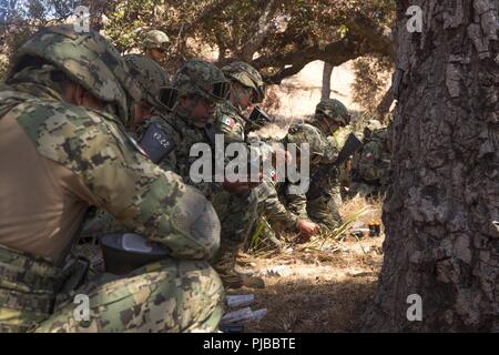 MARINE CORPS BASE CAMP Pendleton, Calif (3. Juli 2018) Mexikanische Marines mit dem Marine Amphibious Infantry Brigade, Marine Infanterie Kraft, Ladung Munition in Zeitschriften, wie sie für Live - Übungen während der Pacific Rim (Rimpac) Übung im Marine Corps Base Camp Pendleton, Kalifornien, 3. Juli 2018 vorzubereiten. RIMPAC zeigt den Wert der amphibischen Kräfte und bietet hochwertige Ausbildung für Task-organisierte, hoch-fähigen Marine Air-Ground Task Forces, die kritische Reaktion auf Krisen Fähigkeit der US-Streitkräfte und Partner weltweit verbessern. 25 Nationen, 46 Schiffe, 5 U-Boote Stockfoto