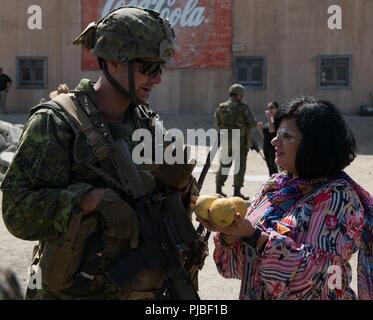 MARINE CORPS BASE CAMP Pendleton, Calif (Juli 11, 2018) ein Mitglied der Kanadischen 2. Bataillon Royal 22e Régiment dreht unten einen Apfel von einem Schauspieler porträtiert lokalen Kaufmann während Infanterie Immersion Training auf der Biennale der Pacific Rim (Rimpac) Übung, Marine Corps Base Camp Pendleton, Juli 11. 25 Nationen, 46 Schiffe, 5 U-Boote, über 200 Flugzeuge, und 25.000 Mitarbeiter beteiligen sich an Rimpac vom 27. Juni bis 2. August in und um die hawaiischen Inseln und Südkalifornien. Die weltweit größte internationale maritime Übung RIMPAC bietet eine einzigartige Ausbildung opport Stockfoto