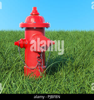 Hydrant in das grüne Gras gegen den blauen Himmel, 3D-Rendering Stockfoto