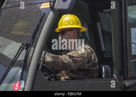 MARINE CORPS TRAINING BEREICH FALTENBÄLGE, Hawaii (Juli 12, 2018) US-Armee SPC. Charles Teich, eine schwere Ausrüstung Fahrer 561st Ingenieur Konstruktionen Firma zugewiesen, 84th Engineer Battalion, betreibt ein All Terrain Lifter Armee während der Pacific Rim (Rimpac) Übung auf Marine Corps Training Bereich Faltenbalg, 12. Juli 2018. U.S. Navy Seabees mit Naval Mobile Konstruktion Bataillon, 22 Schiffbau Regiment, unterstützt US-Armee das Bedienpersonal von Anlagen zu 561St Ingenieur Konstruktionen Firma zugewiesen, 84th Engineer Battalion, mit Route clearing Ausbildung auf der Grundlage einer ökologischen Stockfoto