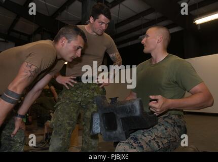 MARINE CORPS BASE CAMP Pendleton, Calif (6. Juli 2018) 1.BATAILLON Royal 22e Régiment Mitglieder Corporal Philippe Soolière-Galipeau (links) und privaten Jonathan Dion-Gagnon erfahren Sie, wie Sie die ausbildungsbeihilfen FGM-148 Javaline Raketenwerfer aus United States Marine Corps Hauptgefreiter Cody Johnson während der Biennale der Pacific Rim (Rimpac) Übung in Camp Pendleton, Juli 6. 25 Nationen, 46 Schiffe, 5 U-Boote, über 200 Flugzeuge, und 25.000 Mitarbeiter beteiligen sich an Rimpac vom 27. Juni bis 2. August in und um die hawaiischen Inseln und Südkalifornien. Der Welt lar Stockfoto