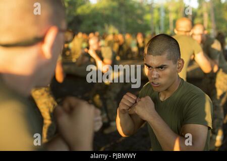 Us Marine Corps Rekruten, mit Charlie Company, 1.BATAILLON, rekrutieren Training Regiment, hören sie zu Zeiten der Anweisung über die Marine Corps Martial Arts Programm (MCMAP) Leatherneck Quadrat auf Marine Corps Recruit Depot Parris Island, 11. Juli 2018. Das Marine Corps Martial Arts Programm hilft der Krieger ethos durch den Einsatz von bewaffneten und unbewaffneten Techniken aus verschiedenen Kampfsportarten zu erstellen Stockfoto