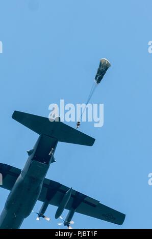 Soldaten und Wachposten aus der Luft und Armee aus Georgien, Kansas, Ohio und Texas an Airborne Operations durch Georgia Army National Guard 165 Quartermaster Unternehmen erleichtert, von General Lucius D. Clay National Guard Zentrum, Marietta, Georgia an der Preston Drop Zone auf Fort Gordon, Georgia, 14. Juli 2018. Stockfoto