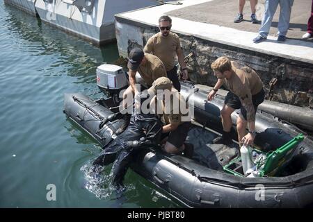 ODESSA, Ukraine (12. Juli 2018) Royal Canadian Navy Sailors zu Flotte Tauchen Einheit Atlantic zugeordnet zeigen, wie ein Taucher während Diver Emergency Evacuation Schulungen für übung Sea Breeze 2018 in Odessa, Ukraine, 12. Juli 2018 zu erholen. Sea Breeze ist eine in den USA und der Ukraine gemeinsam Multinationale maritime Übung im Schwarzen Meer statt und wurde entwickelt, um die Interoperabilität der beteiligten Nationen zu verbessern und die Sicherheit im Seeverkehr in der Region zu stärken. Stockfoto