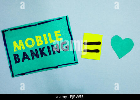 Handschrift text Mobile Banking. Begriff Sinne Überwachung Salden der Übertragung von Mitteln Rechnung Zahlung Türkis Papier Erinnerungen gleich sig Stockfoto