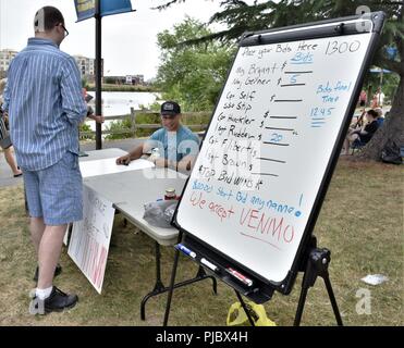 Usa Maryland Army National Guard (MDARNG) 629th Military Intelligence Battalion, 58th Expeditionary Military Intelligence Brigade (EMIB) feierte ihren 1. jährlichen organisatorische Tag bei Granville Gude Park in Laurel, MD, am 15. Juli 2018. Stockfoto