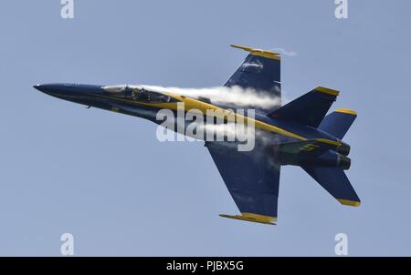 PENSACOLA Beach, Florida. (14. Juli, 2018) Leutnant Tyler Davies, Leitung Solo Piloten der US-Navy Flight Demonstration Squadron, die Blue Angels zugeordnet, nimmt teil an den Pensacola Beach Air Show in Pensacola Beach, Fla. Die Blue Angels geplant sind mehr als 60 Demonstrationen an mehr als 30 Standorten in den USA und Kanada im Jahr 2018 durchzuführen. Stockfoto