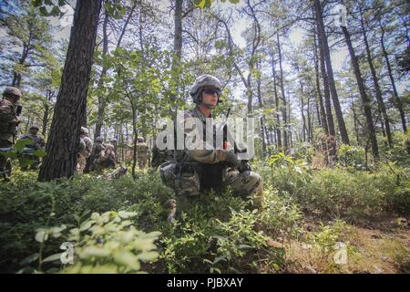 Ein U.S. Army National Guard Soldat von Bravo Company, 1.BATAILLON, 114 Infanterie (Air Assault) nimmt eine Sicherheit Position während einer Air Assault Training Mission auf Joint Base Mc Guire-Dix - Lakehurst, New Jersey, 16. Juli 2018. Stockfoto