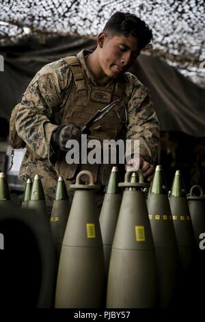 TRAINING AREA, California (17. Juli 2018) US Marine Corps Lance Cpl. Maynor Castillo, ein Gunner mit Bravo Batterie, 1.Bataillon, 12 Marine Regiment, bereitet Runden für einen Brand Mission während der Live-Fire Training als Teil der während der Pacific Rim (Rimpac) Übung an Pohakuloa Training Area, California, 17. Juli 2018. RIMPAC bietet hochwertige Ausbildung für Task-organisiert, leistungsfähigen Marine Air-Ground Task Force und erhöht die kritische Reaktion auf Krisen Fähigkeit der US-Marines im Pazifik. 25 Nationen, 46 Schiffe, 5 U-Boote und mehr als 200 Flugzeugen und 25.000 Mitarbeiter Stockfoto